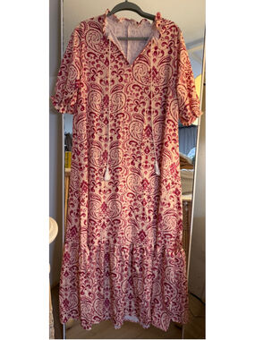 NEW Floral Loose Lightweight Beach 3/4 Ruffle Sleeve Maxi Dress V Neck A Line M